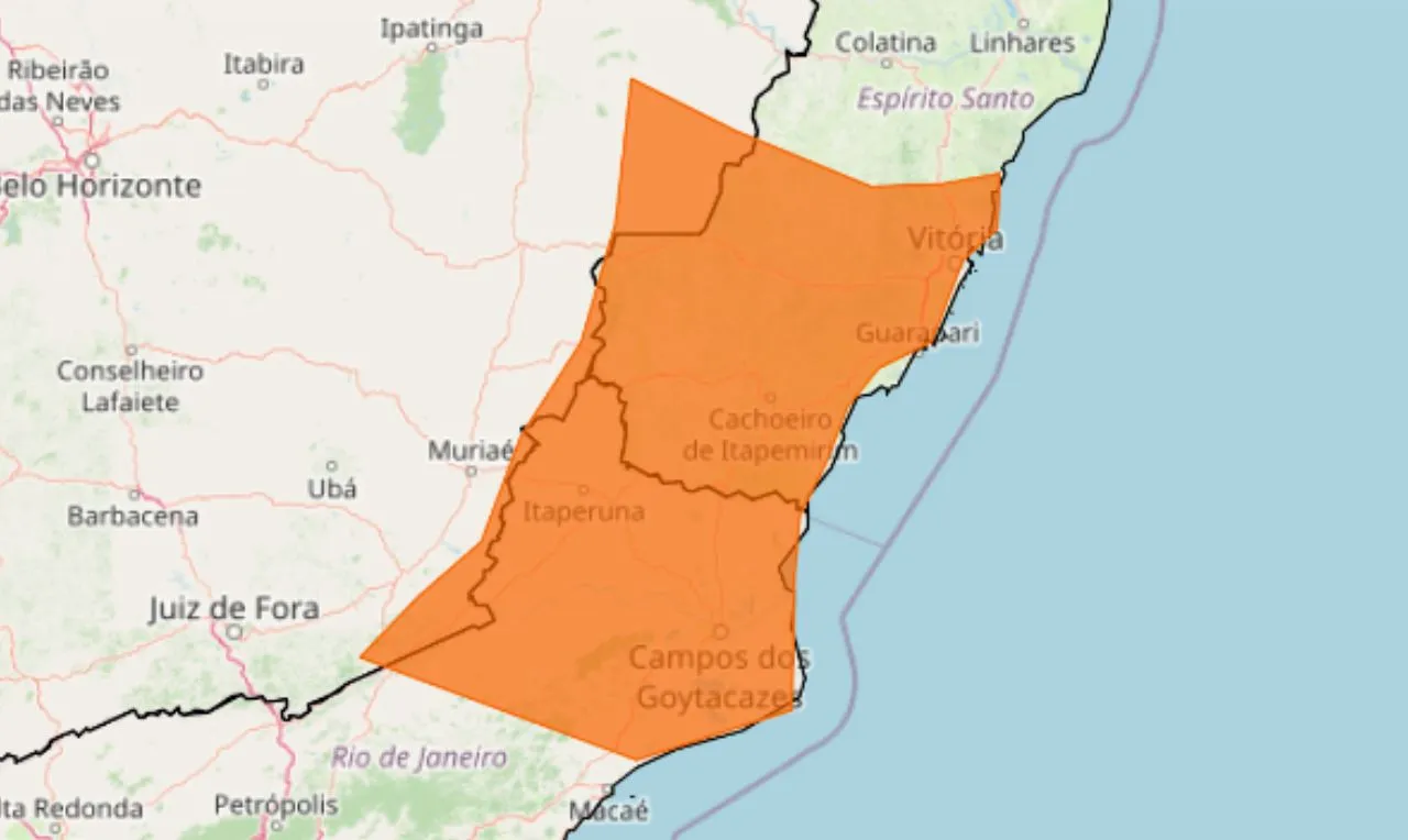 Trata-se de uma alerta laranja para o estado de MG, RJ e ES, para acúmulos de chuva significativo 